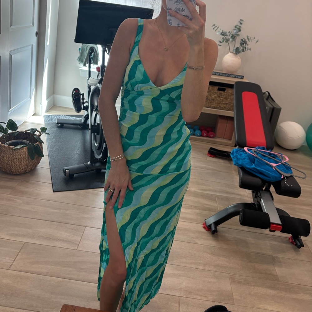 Zara Green and Yellow Wave Midi Dress